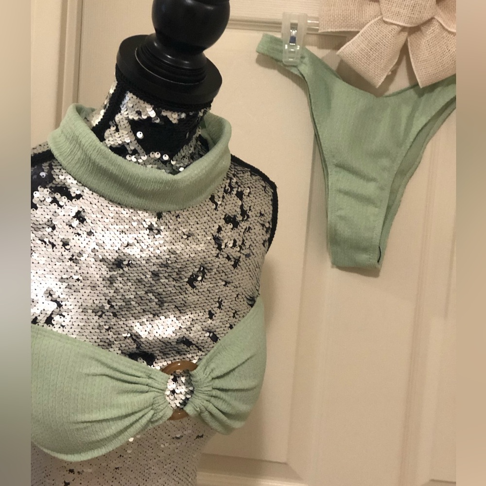 Mint Green 3 Piece Bikini Set with Bandeau Top ,High-cut Bottoms & Headband New